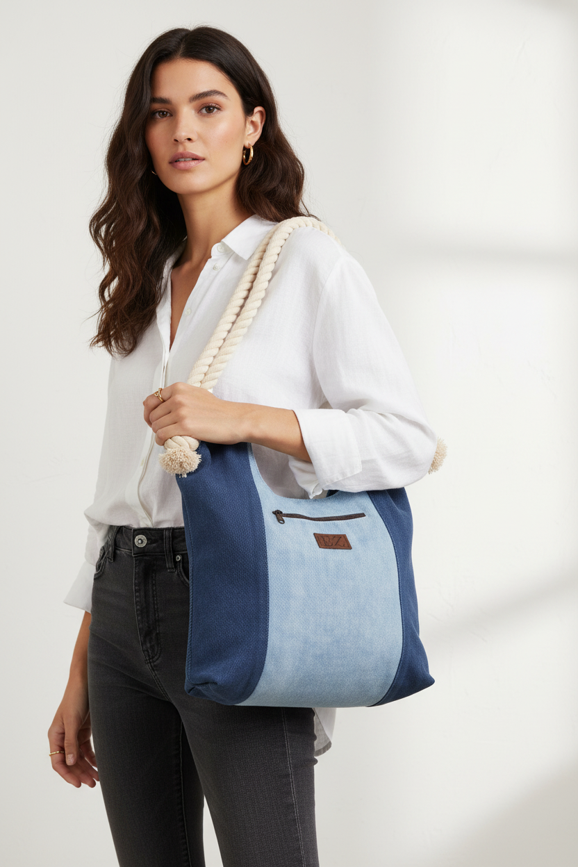 Nikole Patchwork Denim Handbag by Howard's featuring a colorful patchwork design and sturdy denim material.