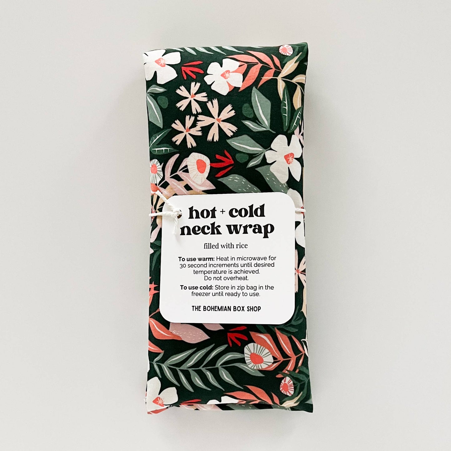 Bohemian Box Shop Hot & Cold Therapy Neck Wrap featuring floral patterns and soft fabric for soothing neck relief.
