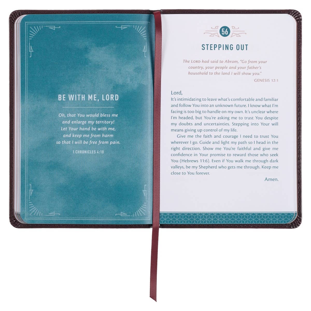 Faux leather 101 Prayers for Men book by Christian Art Gifts with embossed cover and gold lettering, open to reveal pages.