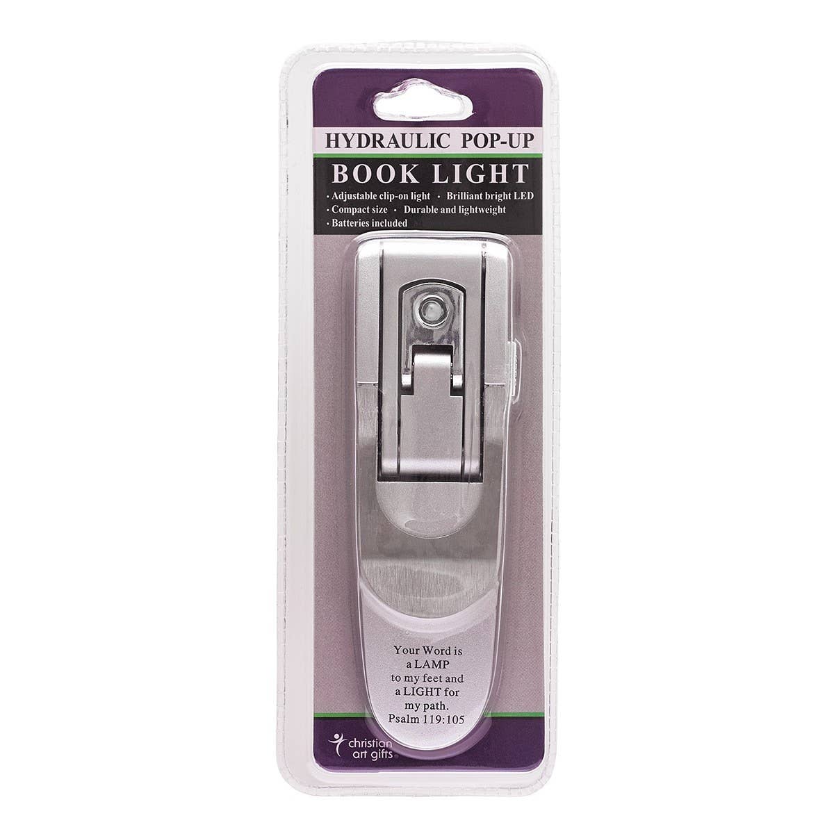 Silver Christian book light with Psalm 119:105 inscription, compact portable lamp for reading or spiritual reflection.