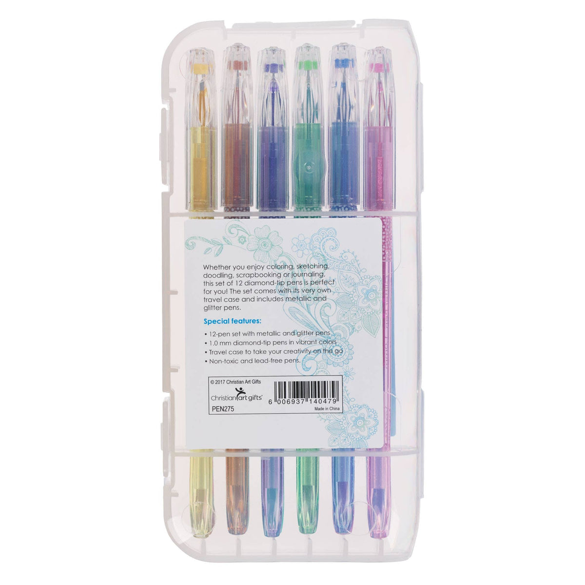 12-pack Christian Art Gifts metallic and glitter gel pen set with colorful ink and shiny finishes, ideal for writing and art projects.