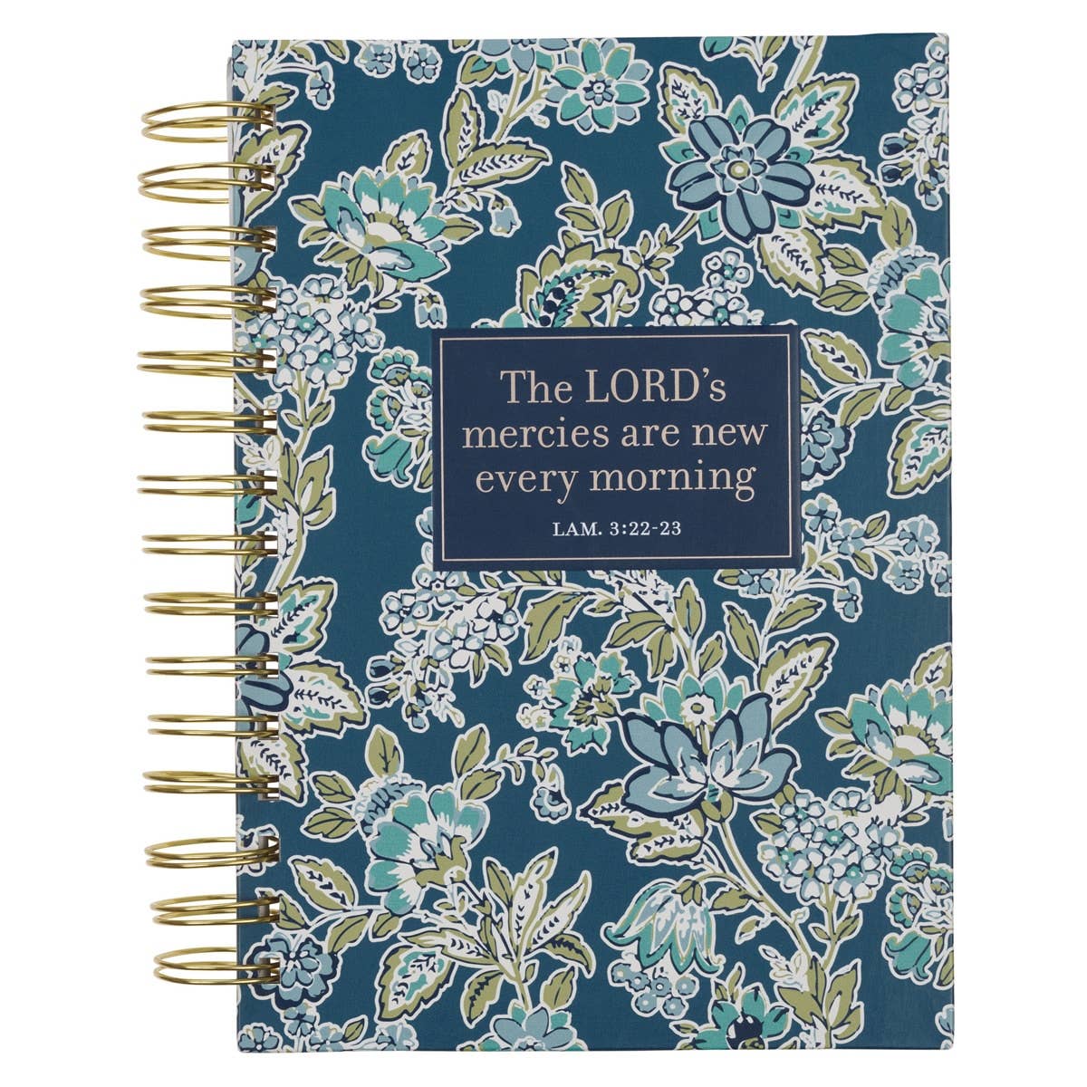 Spiral-bound blue floral journal with Christian art design and biblical verse from New Mercies Lam. 3:22-23, by Christian Art Gifts