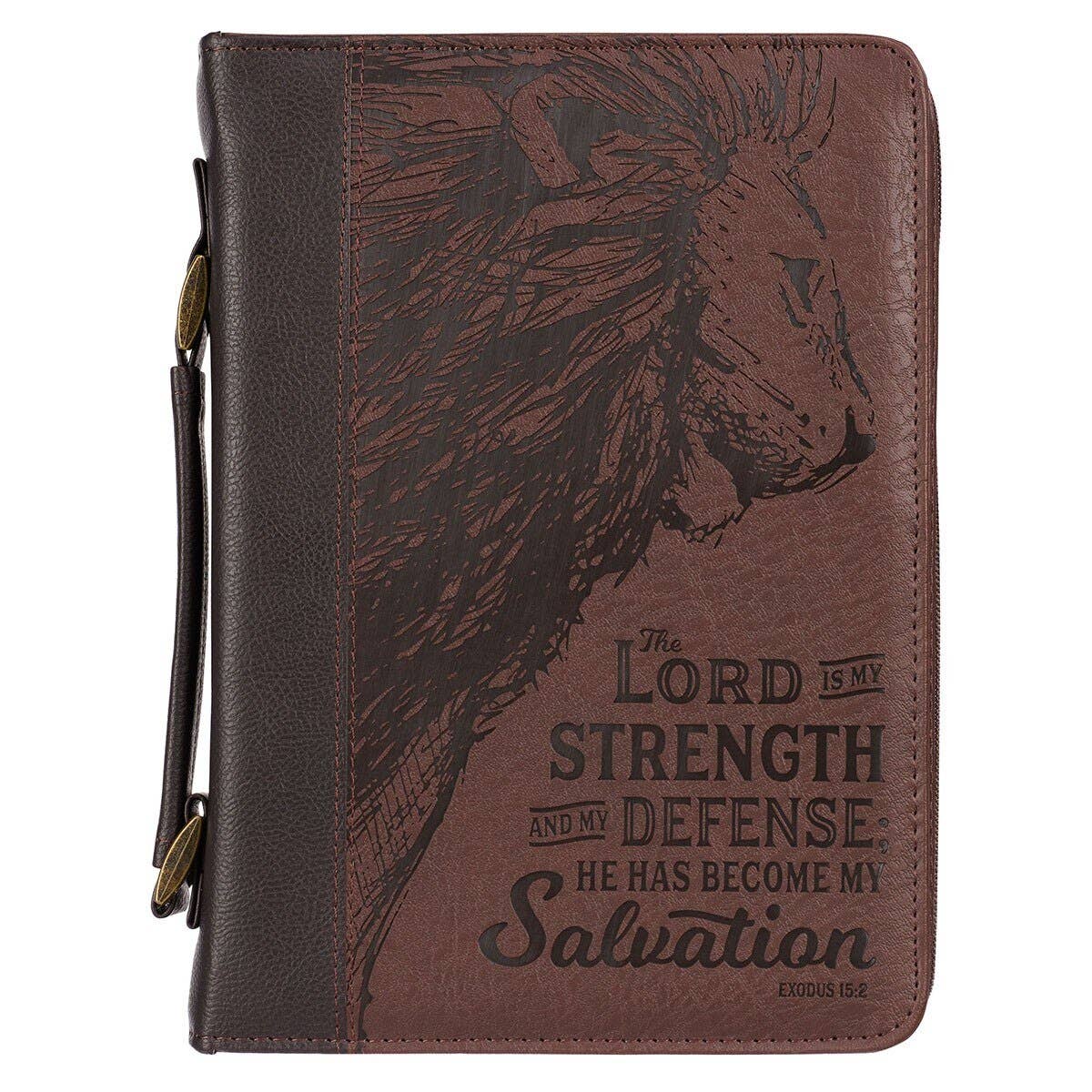 Christian Art Gifts Bible cover in two-tone design with "Lord is My Strength" Exodus 15:2 inscription, durable and stylish for daily use.