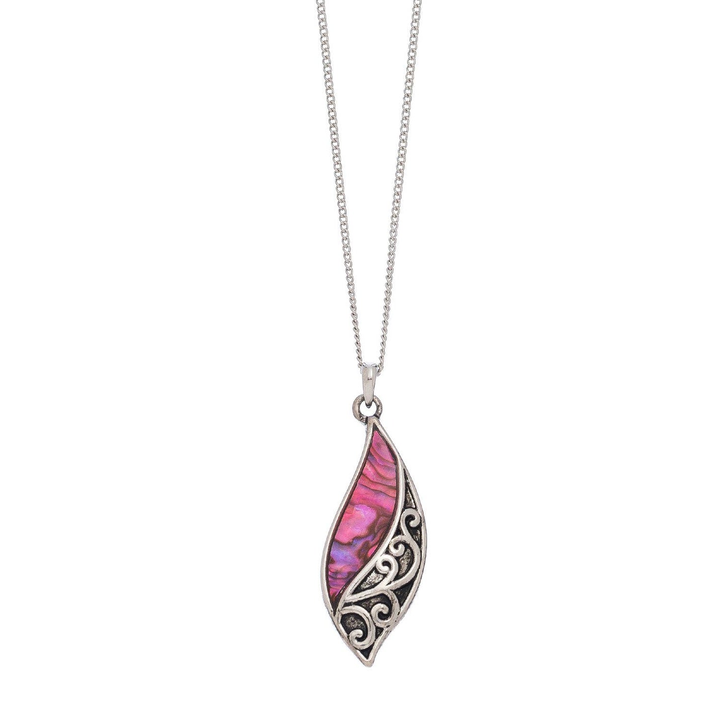 Abalone shell curve pendant necklace featuring a polished, natural abalone shell on a silver chain, beach-inspired jewelry by Howard's.