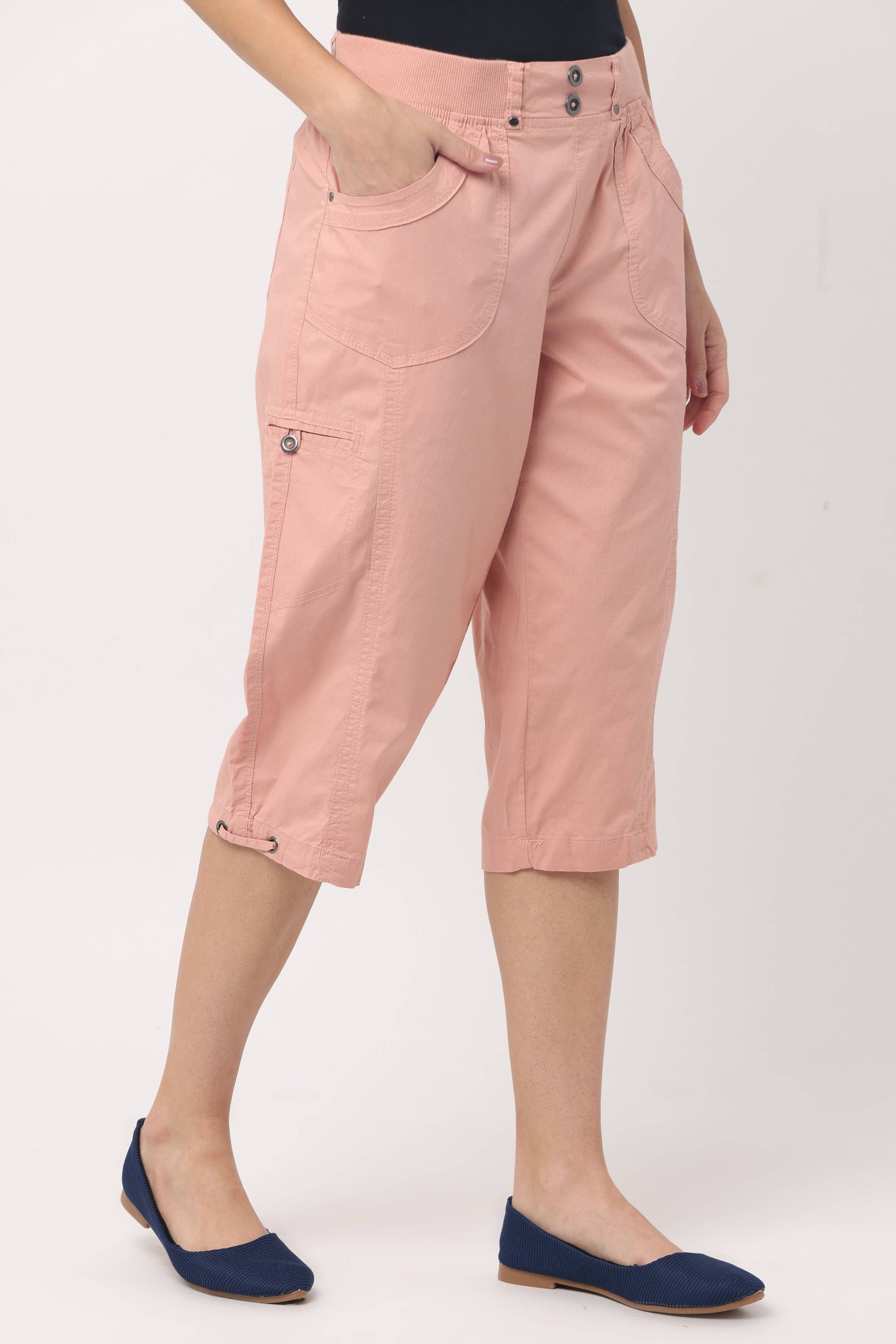 Dash Valerie Capri in Soft Blush, showcasing lightweight, fitted capri pants with a smooth fabric finish.