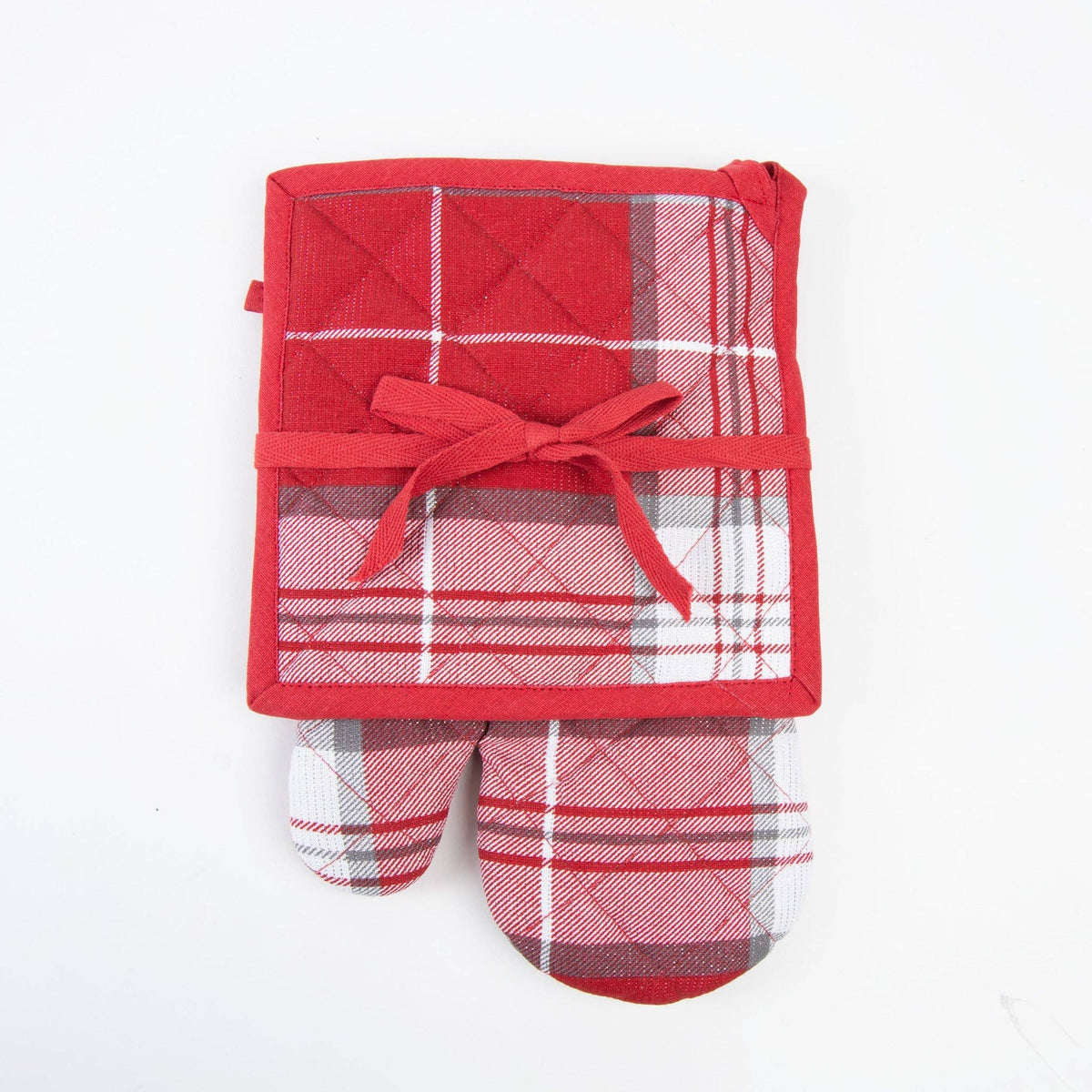 Howard's Christmas plaid oven mitt and pot holder set featuring red and green holiday plaid fabric, ideal for festive kitchen use.