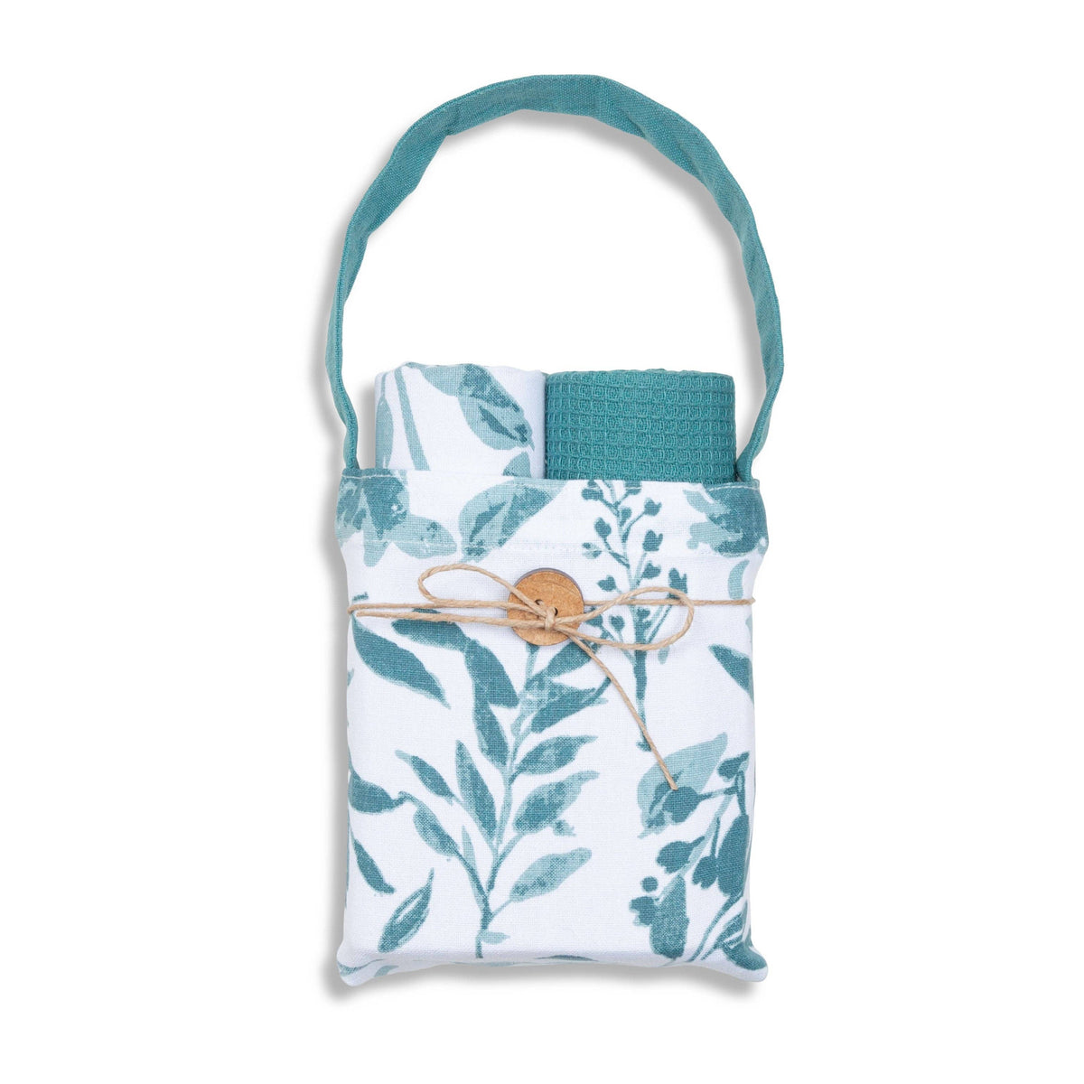 Howard's 3-piece EZ Home Evergreen Floral kitchen tea towel set with green and floral design, perfect for kitchen decor and drying.