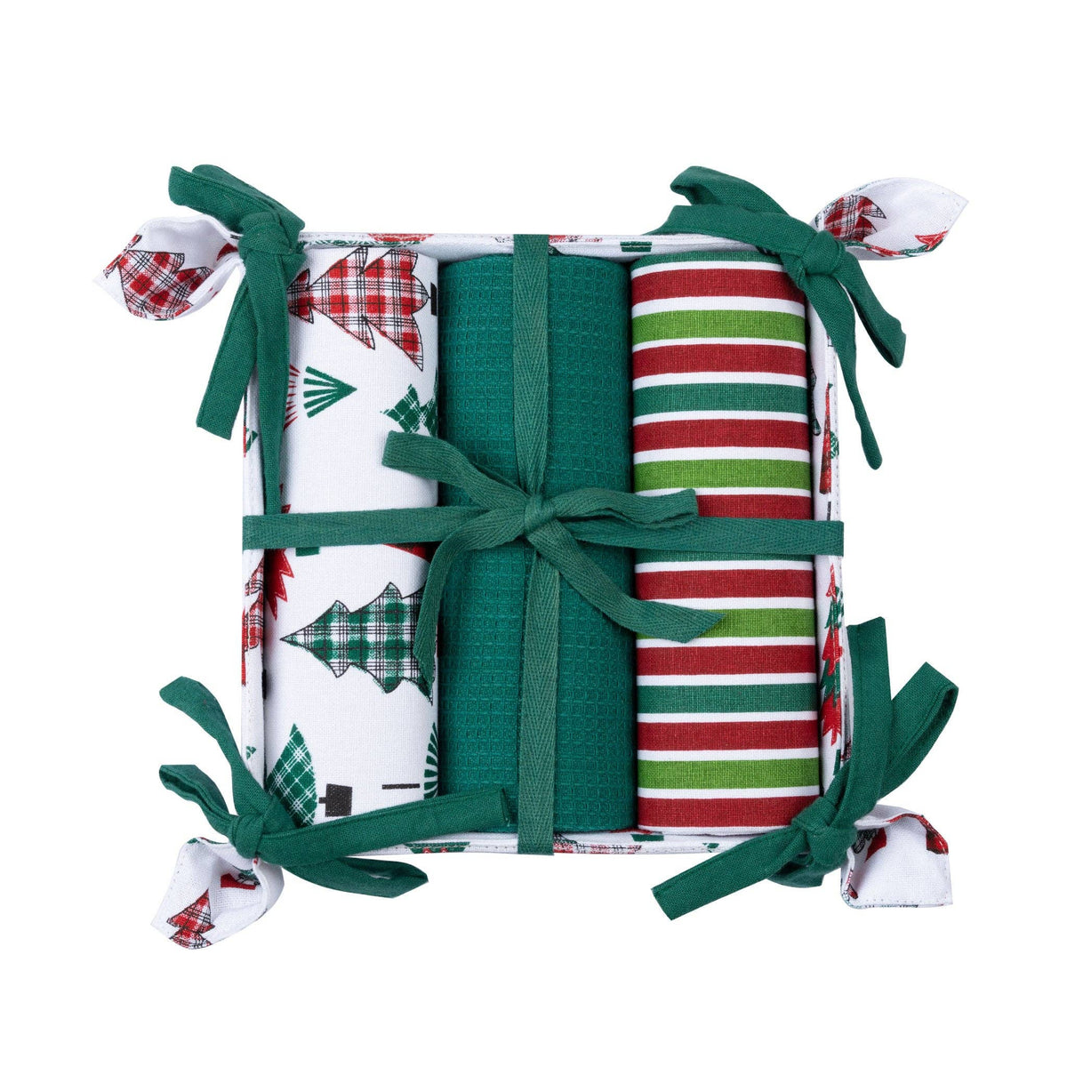 Howard's 4-piece candy cane stripe tea towel and bread basket set with festive red and white holiday pattern.