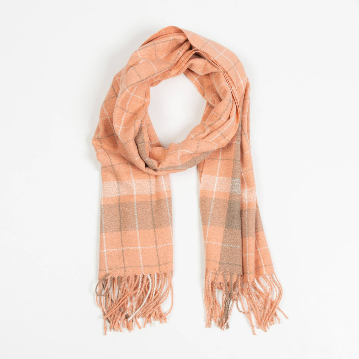 Howard's Hani plaid winter scarf with fringe, featuring a cozy, stylish plaid pattern and tassel details for cold weather warmth.