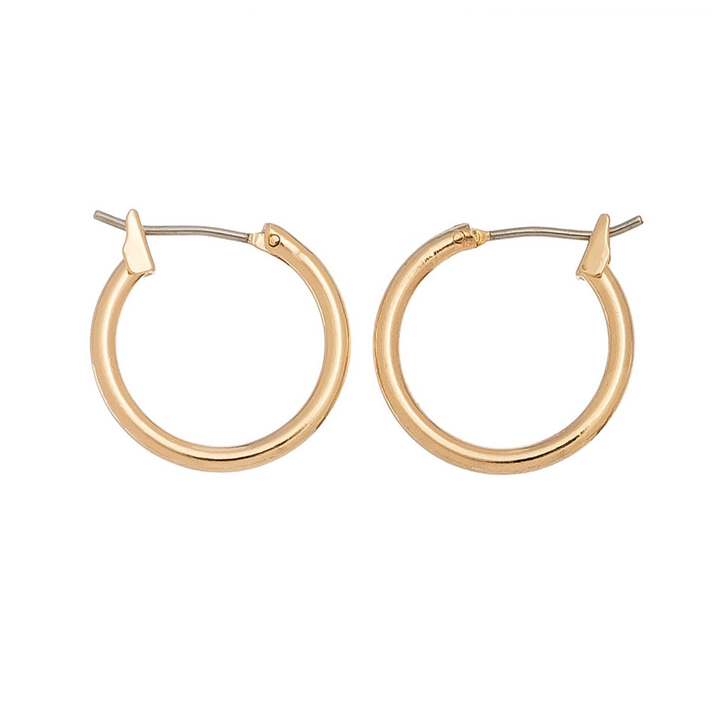 Howard's Ear Sense Click Hoop Earrings showing shiny gold hoops with secure click clasps on a white background.
