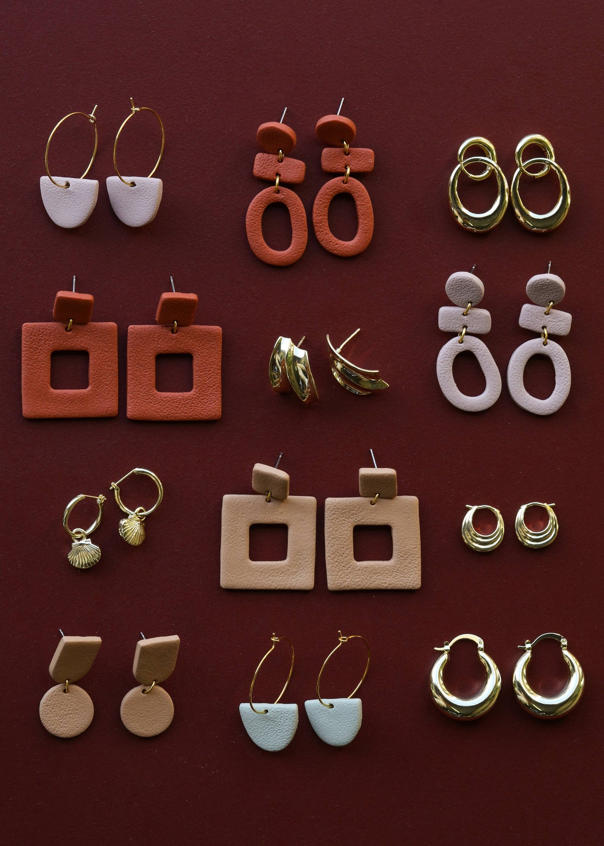 Square clay earrings in desert color by Jax Kelley, featuring a handmade geometric design for a stylish accessory.