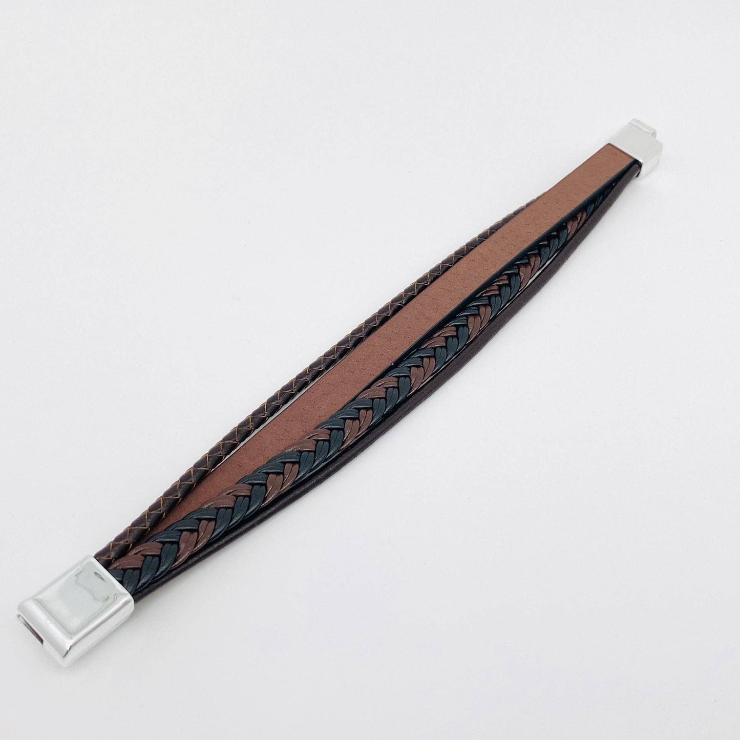 Handmade leather cross men's bracelet with magnetic buckle, 7.48-inch length by Mio Queena, featuring detailed leather and metal accents.