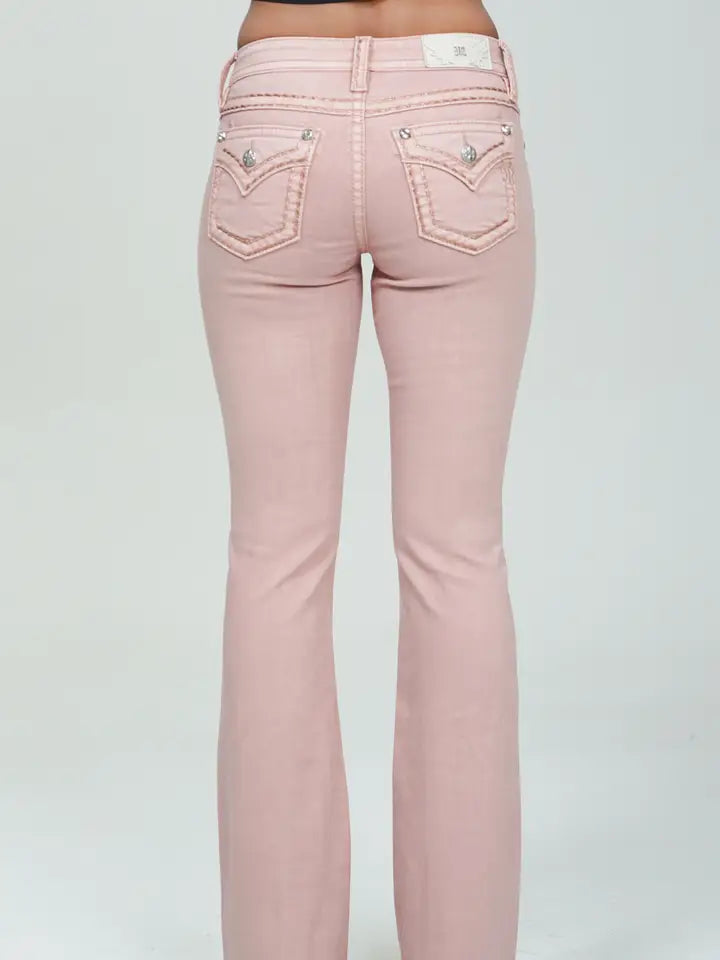 Miss Me 32-inch mid-rise boot cut jeans displayed, featuring classic denim fabric and stylish fit, perfect for casual wear.