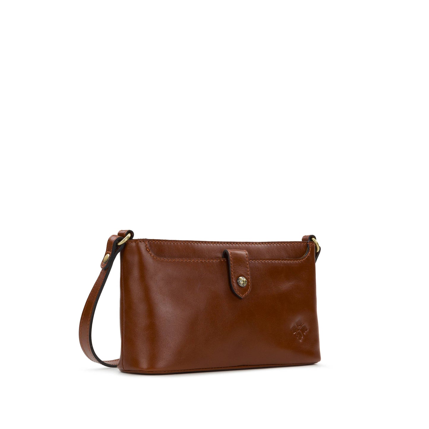 Black Patricia Nash Aimee Crossbody bag with adjustable strap and gold-tone hardware, showing textured leather detail.