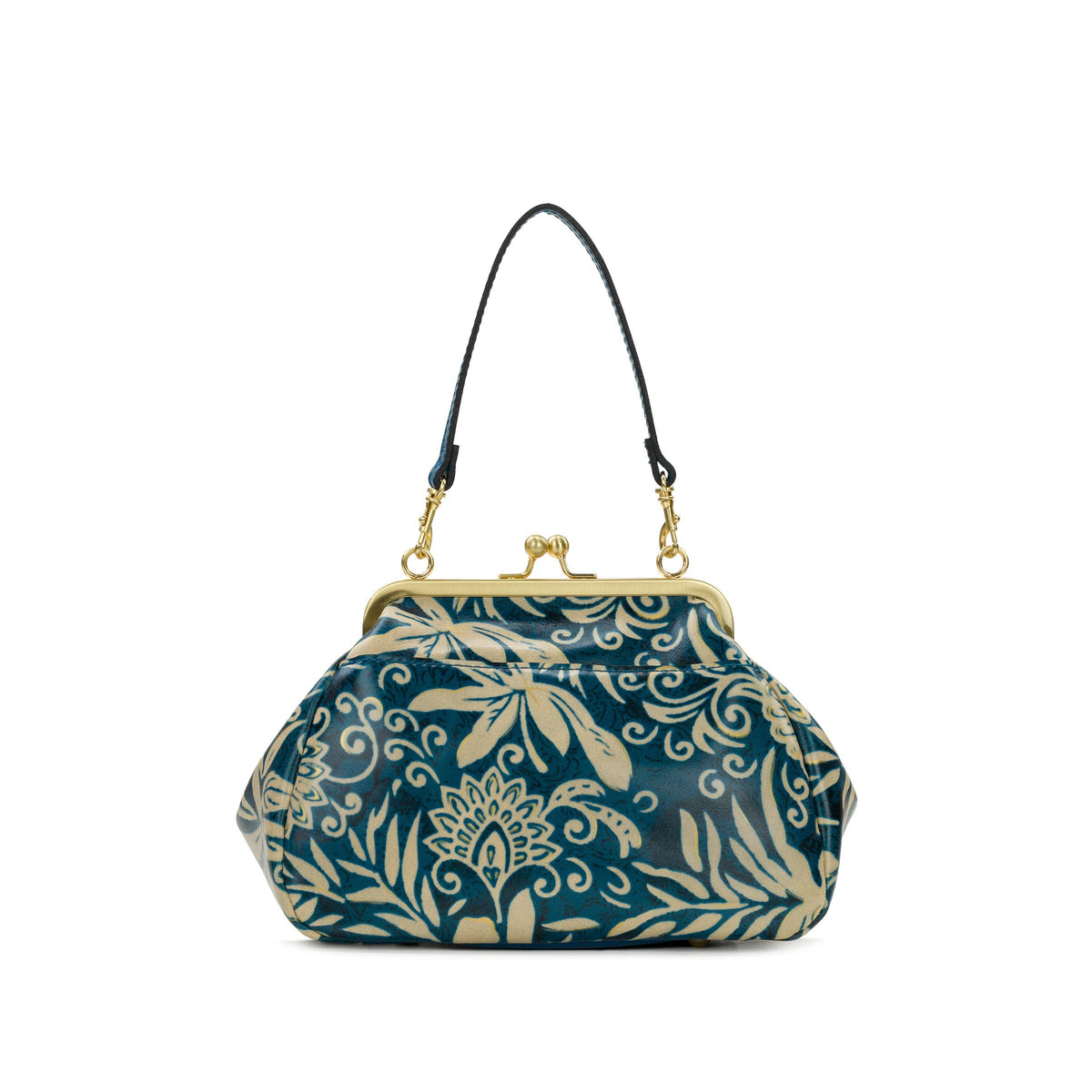 Patricia Nash Annie Frame Crossbody bag with Greek floral design, featuring a structured shape and detailed floral pattern.