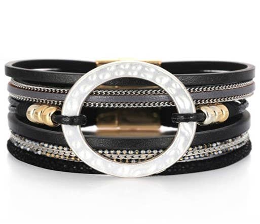 Black multi-leather strap bracelet with large silver circle accent from S & A Fashions, stylish and bold accessory.