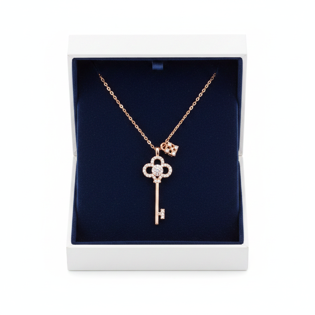 Rose gold crystal key and lock necklace from S&A Fashions featuring a delicate pendant with sparkling crystals.