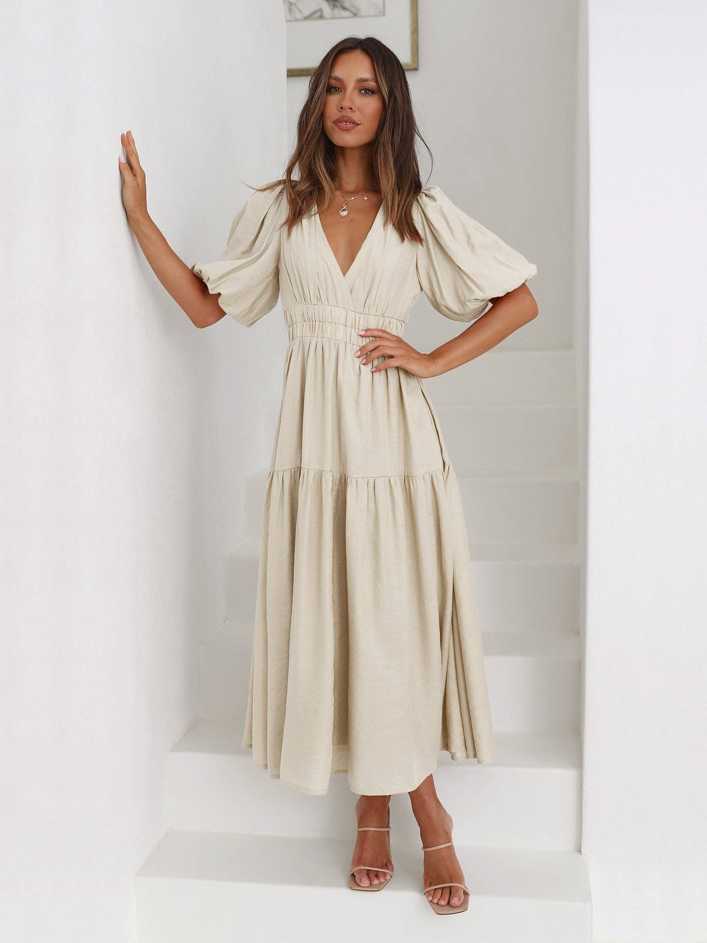 Ladies Bubble Sleeves V-Neck Daily Midi Dress by Sweetkama, featuring a V-neckline and stylish bubble sleeves.