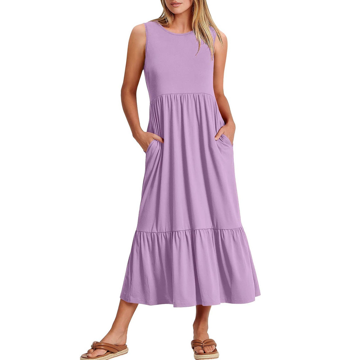 Sweetkama ladies sleeveless midi dress with pockets, simple and stylish, shown in a natural pose highlighting the dress's design.