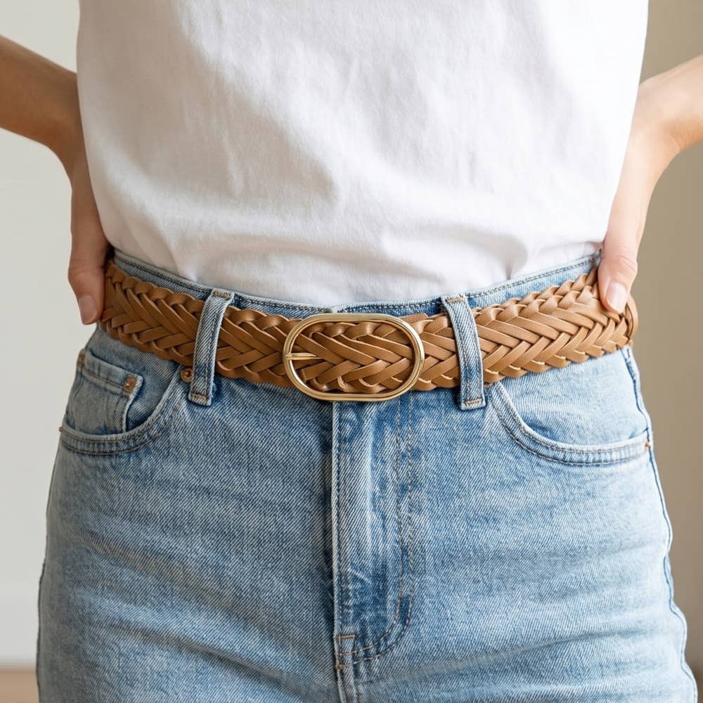 Wide Braided Vegan Leather Oval Buckle Belt