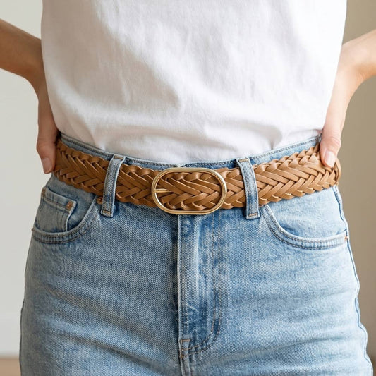 Wide Braided Vegan Leather Oval Buckle Belt
