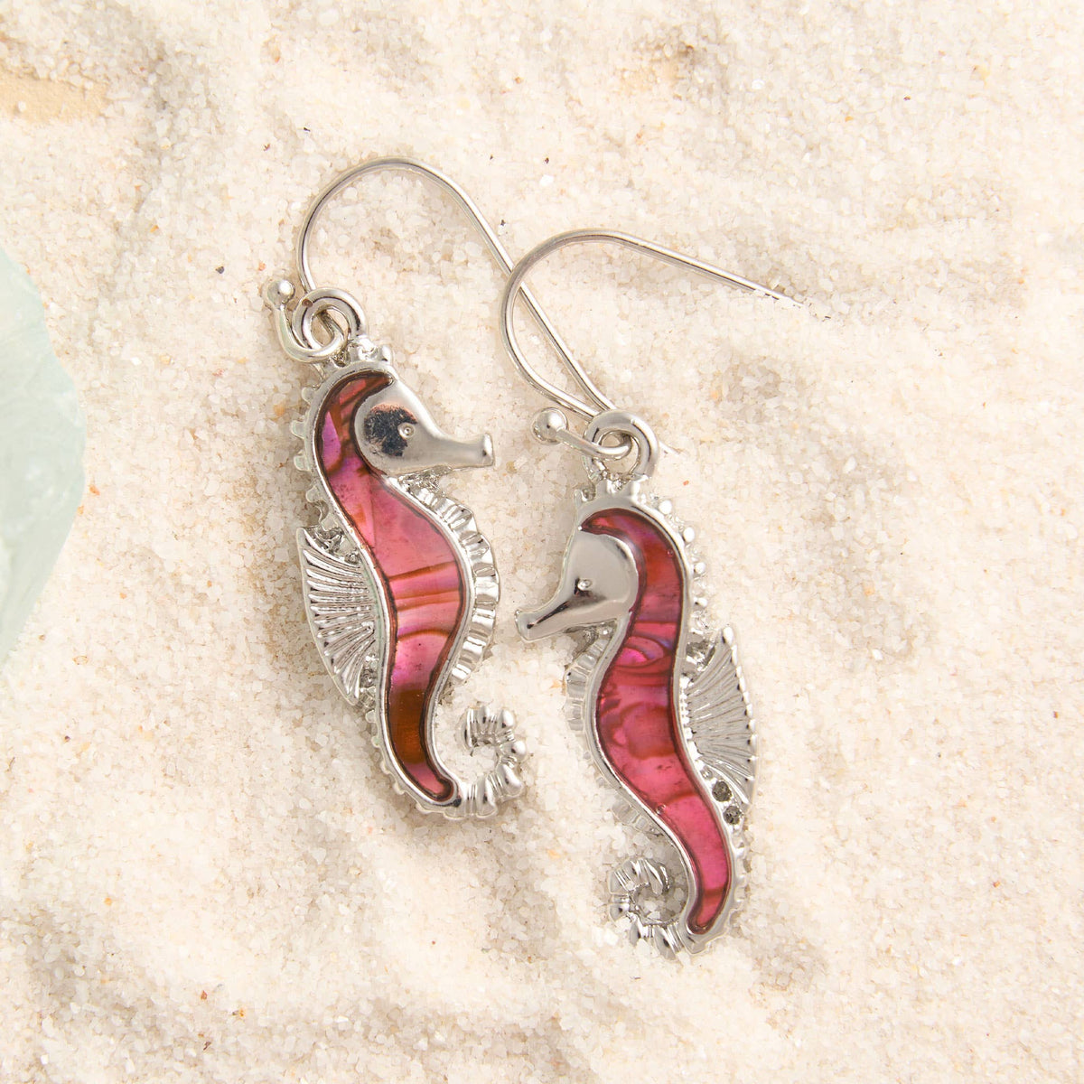 Elsie & Zoey abalone sea horse earrings featuring beach-inspired jewelry with colorful, detailed sea horse design.