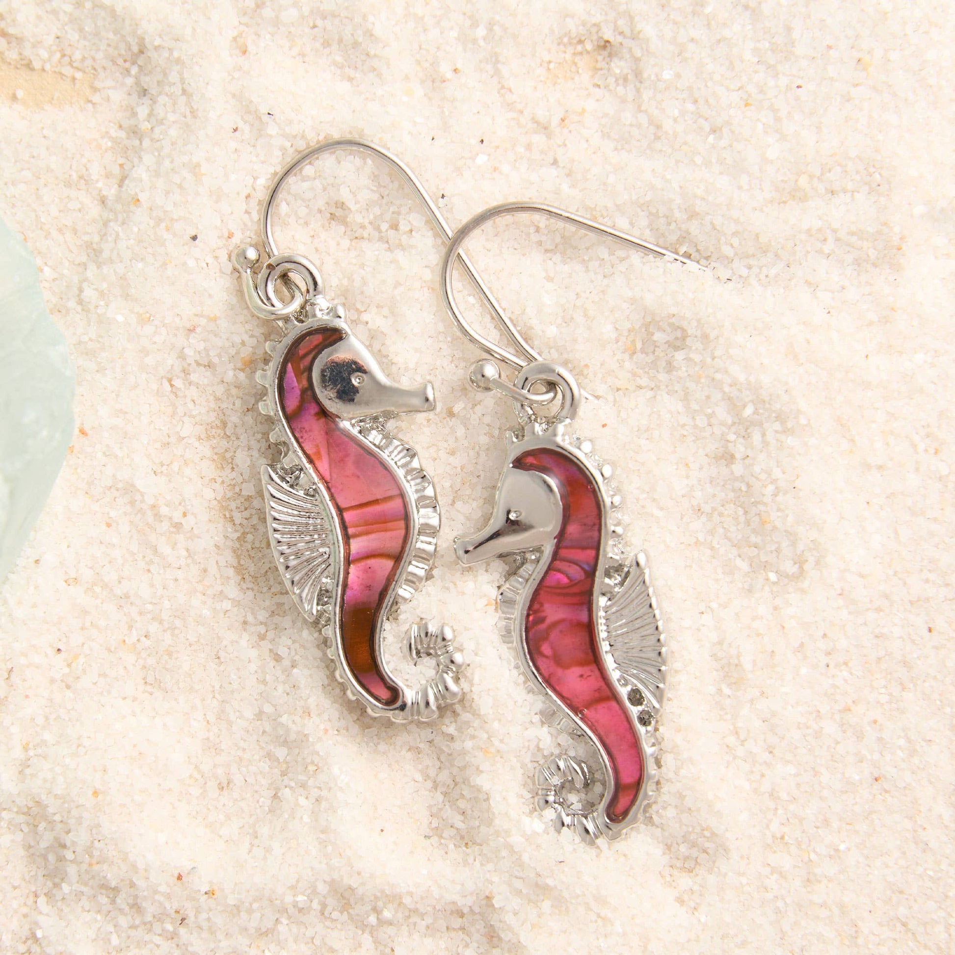 Elsie & Zoey abalone sea horse earrings featuring beach-inspired jewelry with colorful, detailed sea horse design.