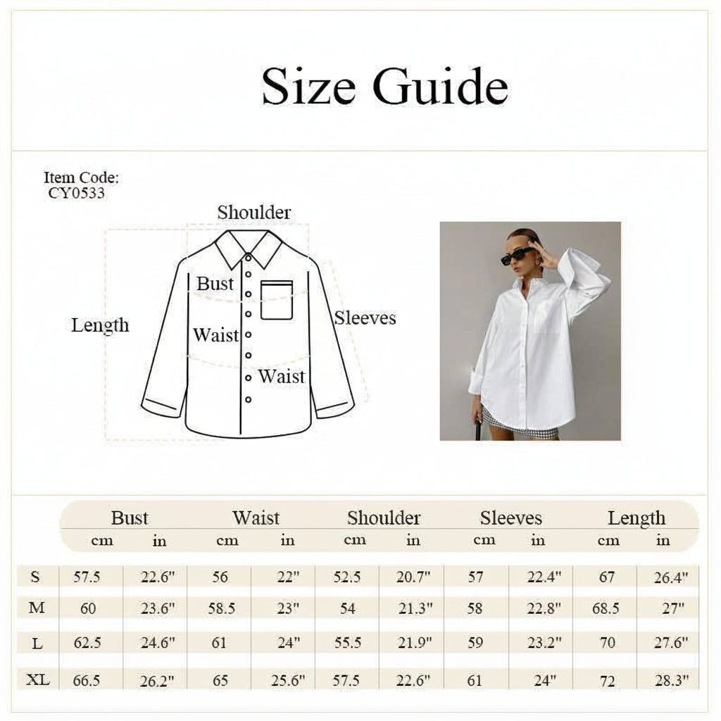 A size guide chart for a women's long-sleeve button-up shirt by Sweetkama, showing a line drawing with labeled measurements (shoulder, bust, length, waist, sleeves) and a model photo wearing the shirt. A measurement table for sizes S through XL is provided at the bottom.