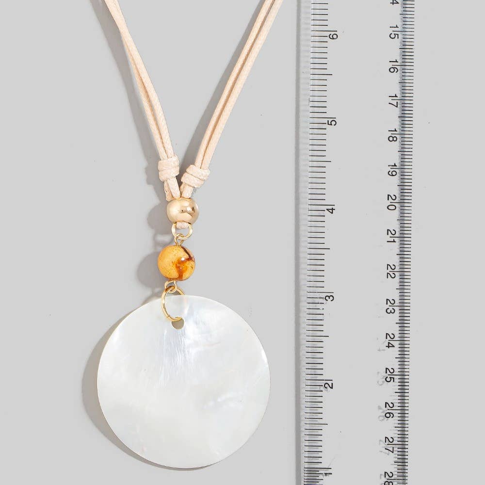Large Sea Shell Disc Pendant And Beads Layered Cord Necklace