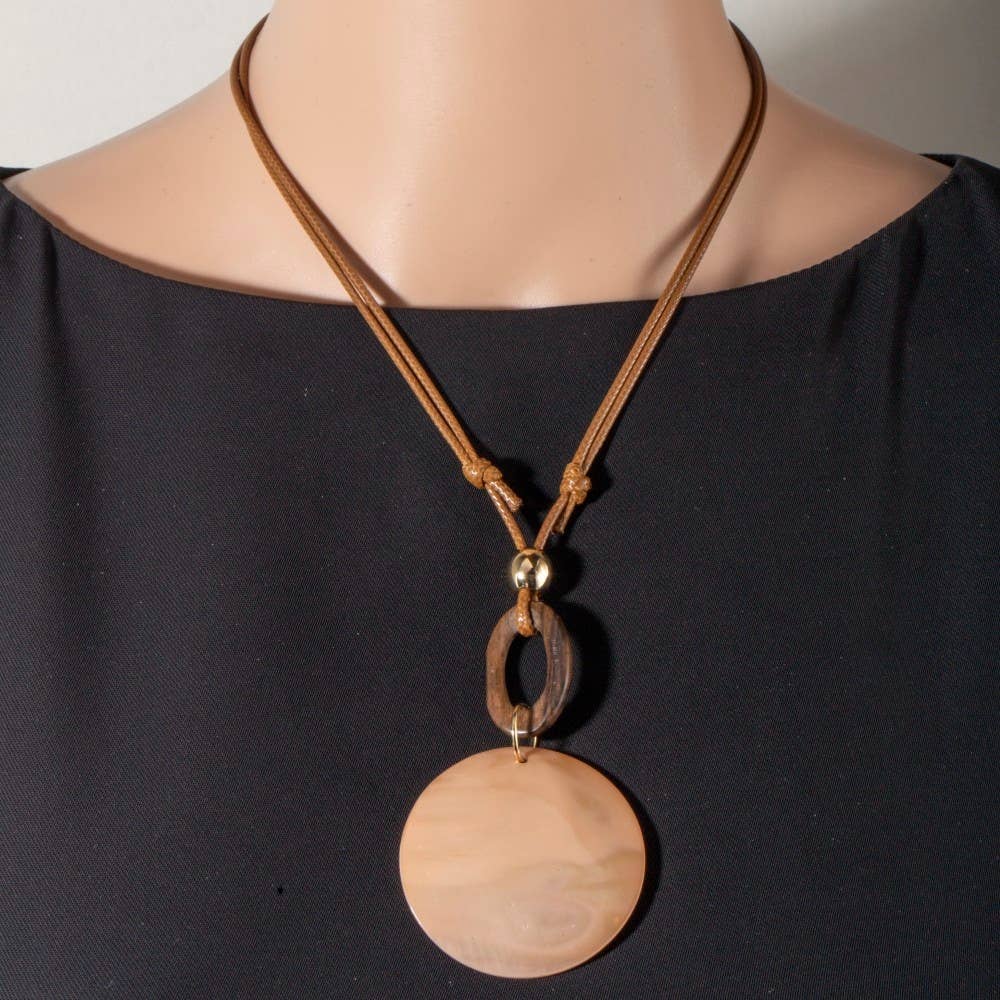Large Sea Shell Disc Pendant Wooden Hoop Cord Necklace