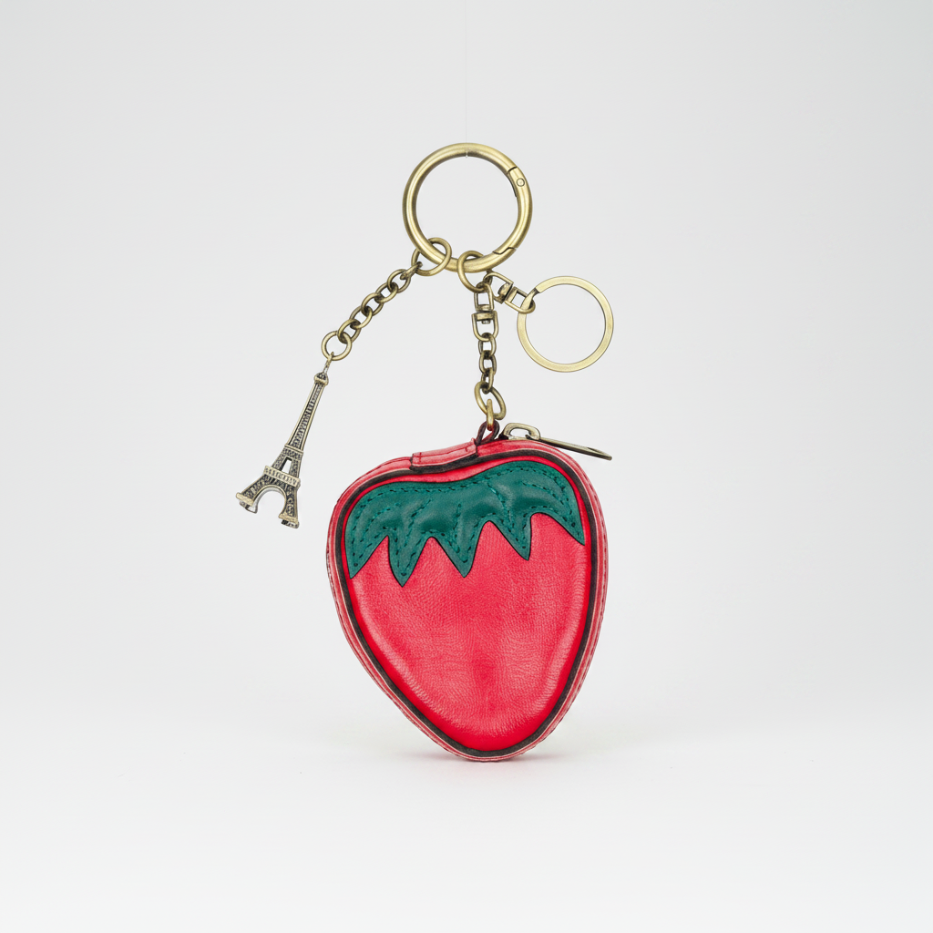 Vintage distressed leather Patricia Nash strawberry zip around pouch with floral pattern and gold-tone zipper detail.