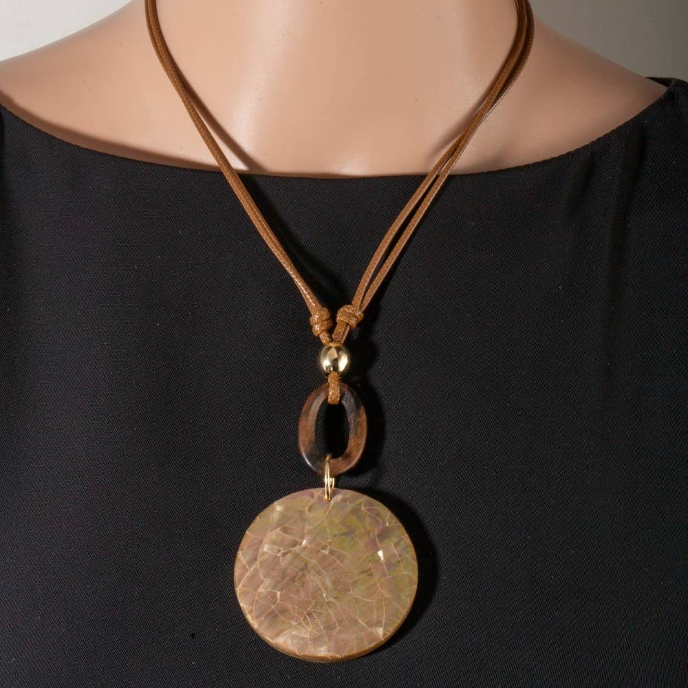 Mosaic Shell Disc And Wooden Hoop Pendant Cord Necklace