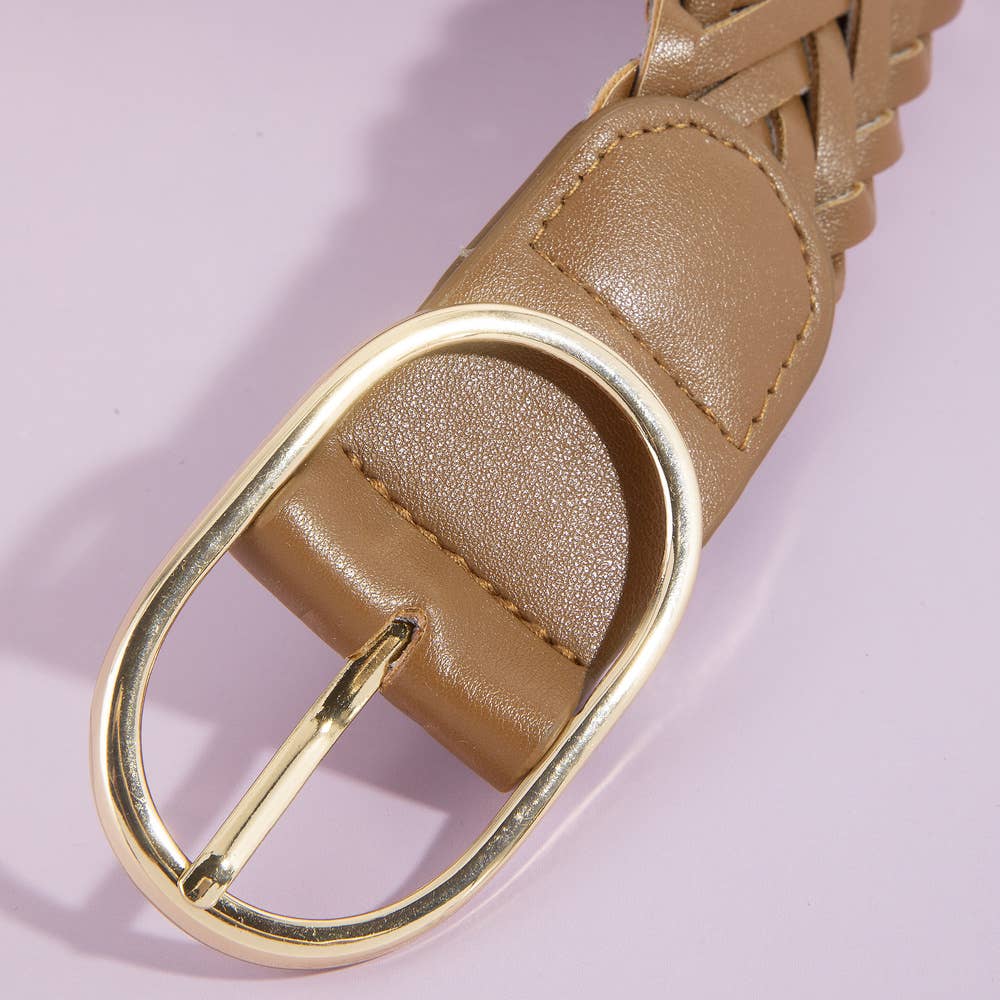 Wide Braided Vegan Leather Oval Buckle Belt