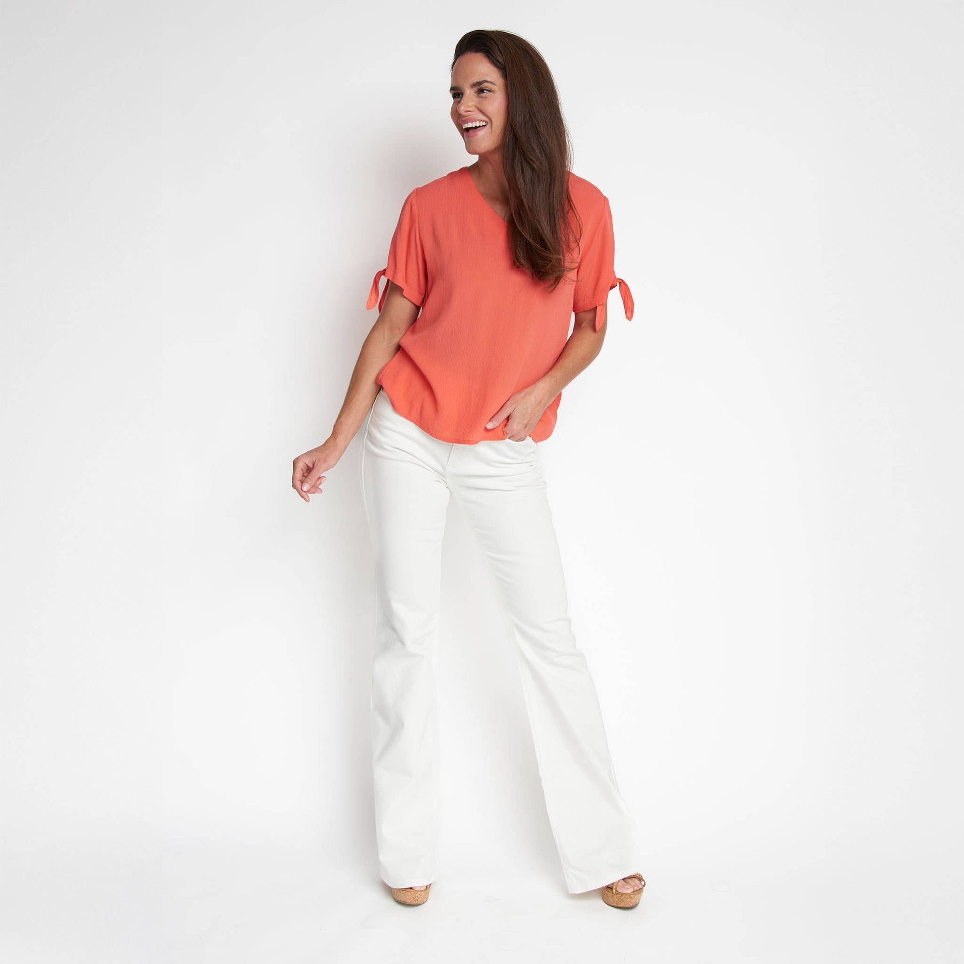 Elsie & Zoey Nika crepe tied short sleeve V-neck blouse with front knot, lightweight and stylish for casual or office wear.