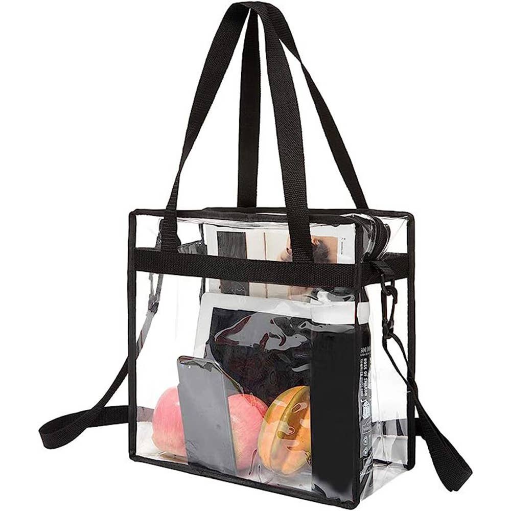 Clear stadium tote bag with handles and zipper closure, wholesale branded design for secure carrying and easy visibility.
