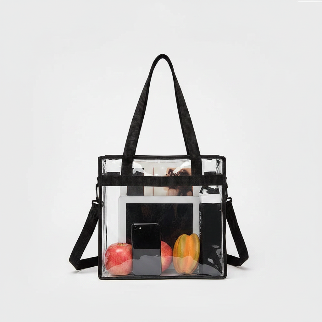 Clear handbag with black straps containing apples on a white background