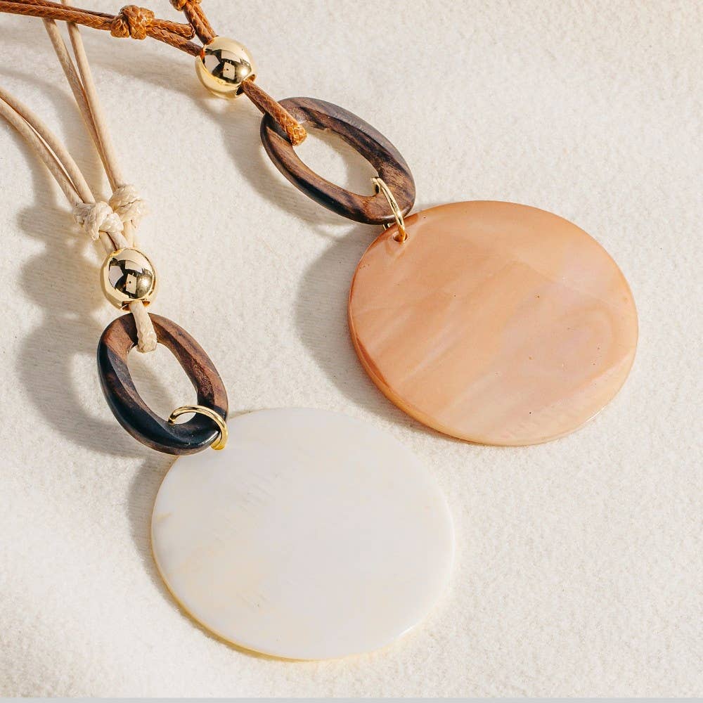 Large Sea Shell Disc Pendant Wooden Hoop Cord Necklace