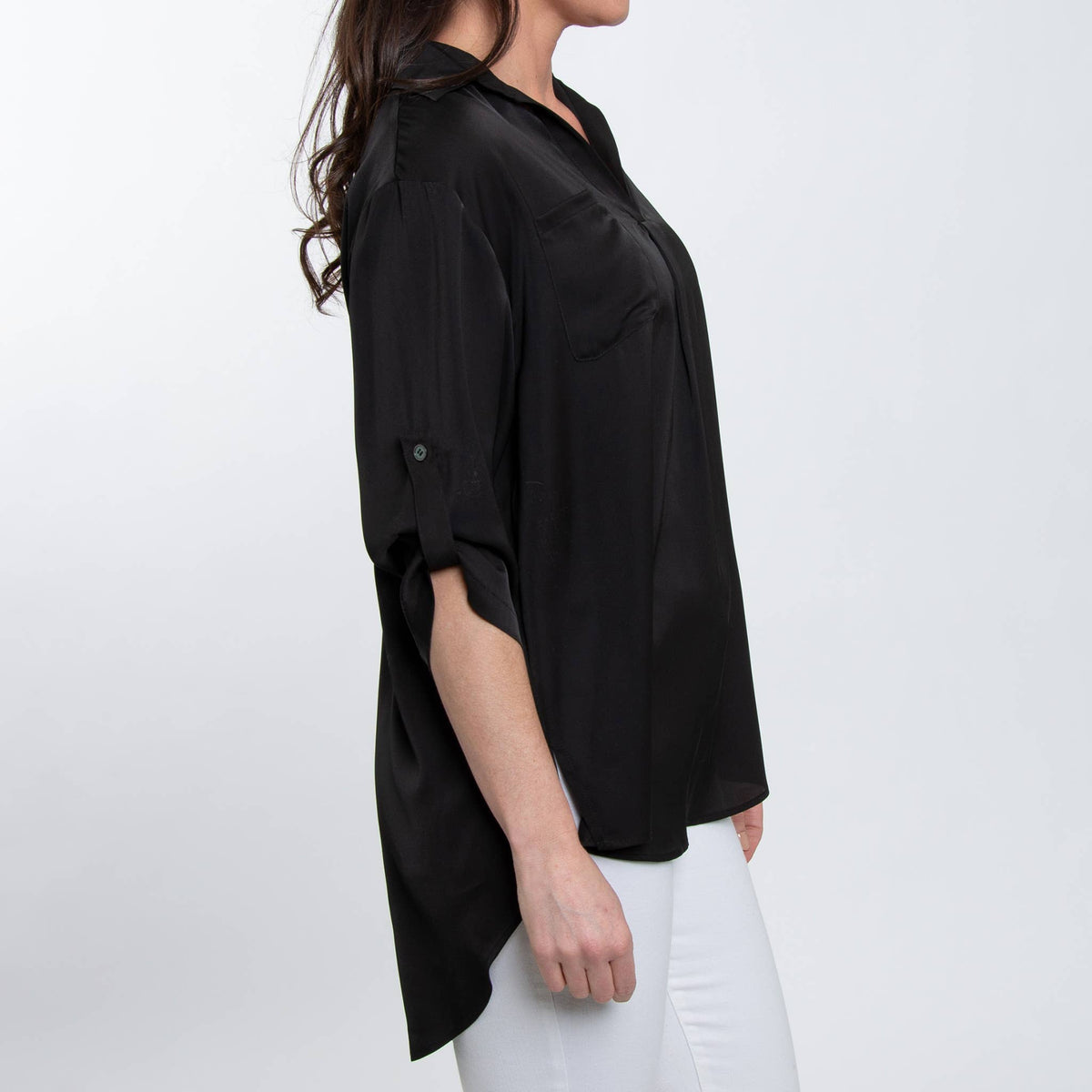 Elsie & Zoey Amaris blouse top with collared neckline, relaxed fit, half sleeves, and v-neck design, in a casual chic style.