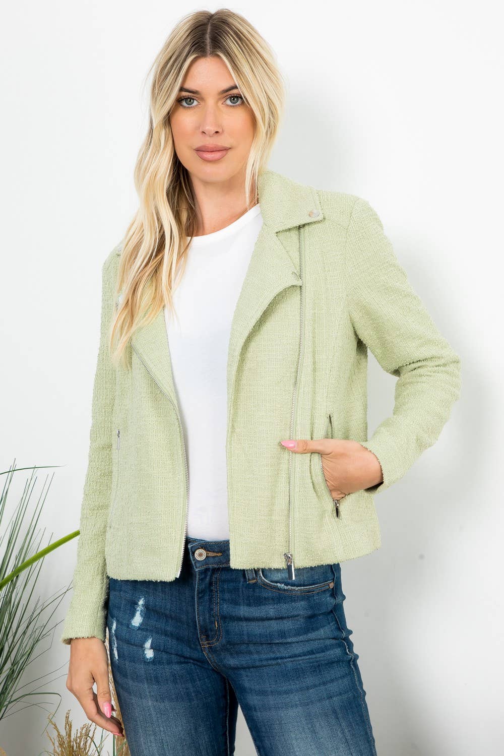 Mint green boucle long sleeve moto jacket by 26 International featuring a solid lint texture and classic motorcycle style.