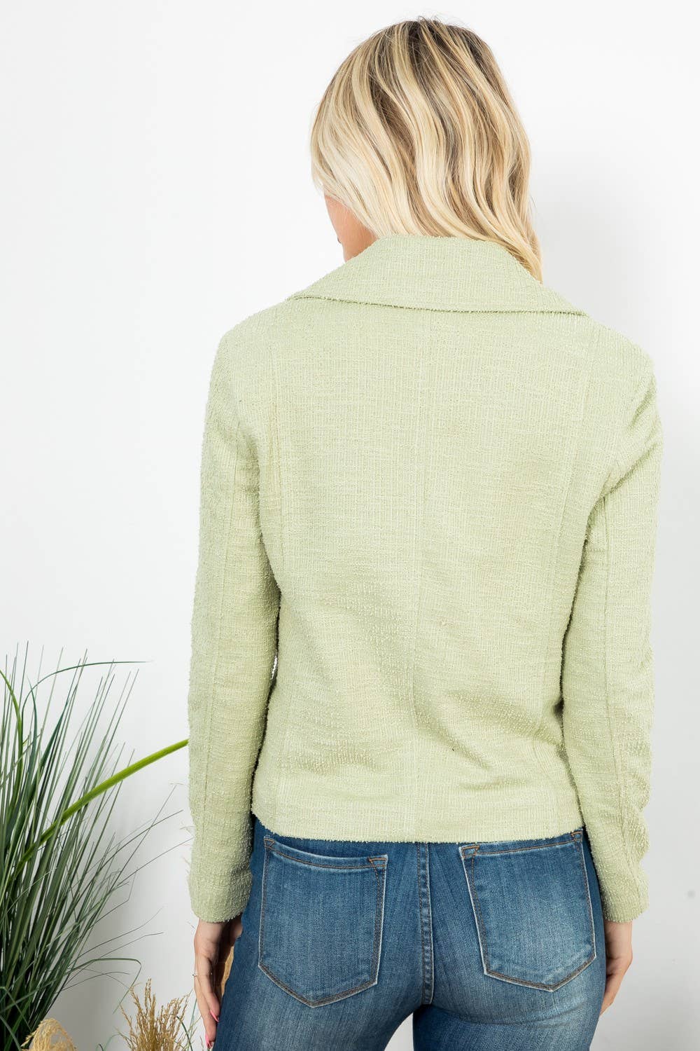 Mint green solid boucle long sleeve moto jacket by 26 International, showing the textured fabric and classic motorcycle style.