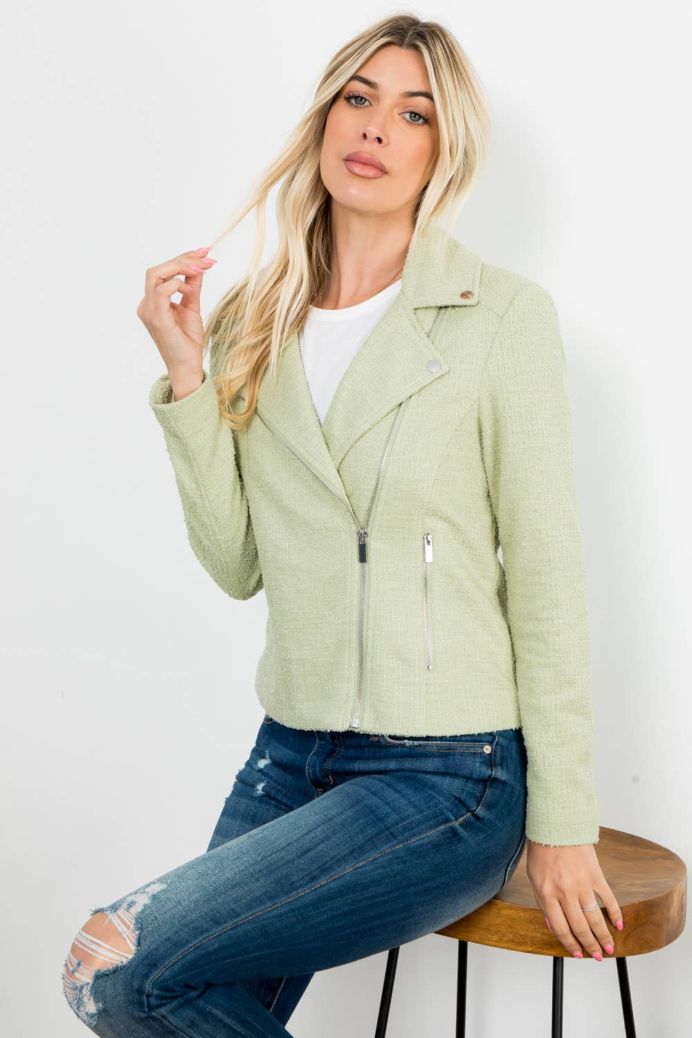 Mint green boucle long sleeve moto jacket by 26 International featuring a solid lint fabric and stylish design.