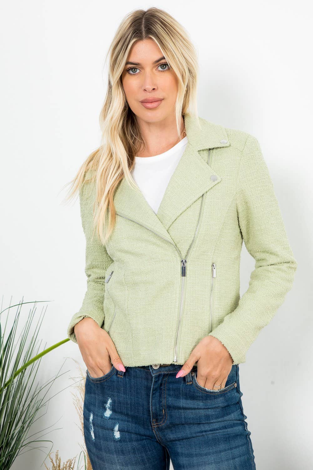 Mint green boucle long sleeve moto jacket by 26 International, featuring a solid design and textured fabric with a classic collar.