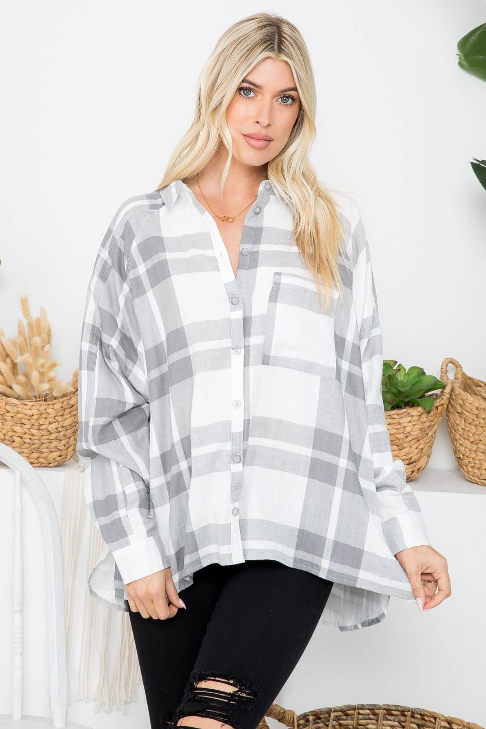 Oversized cotton plaid shirt with raglan sleeves by 26 International, featuring a relaxed fit and classic checkered pattern.
