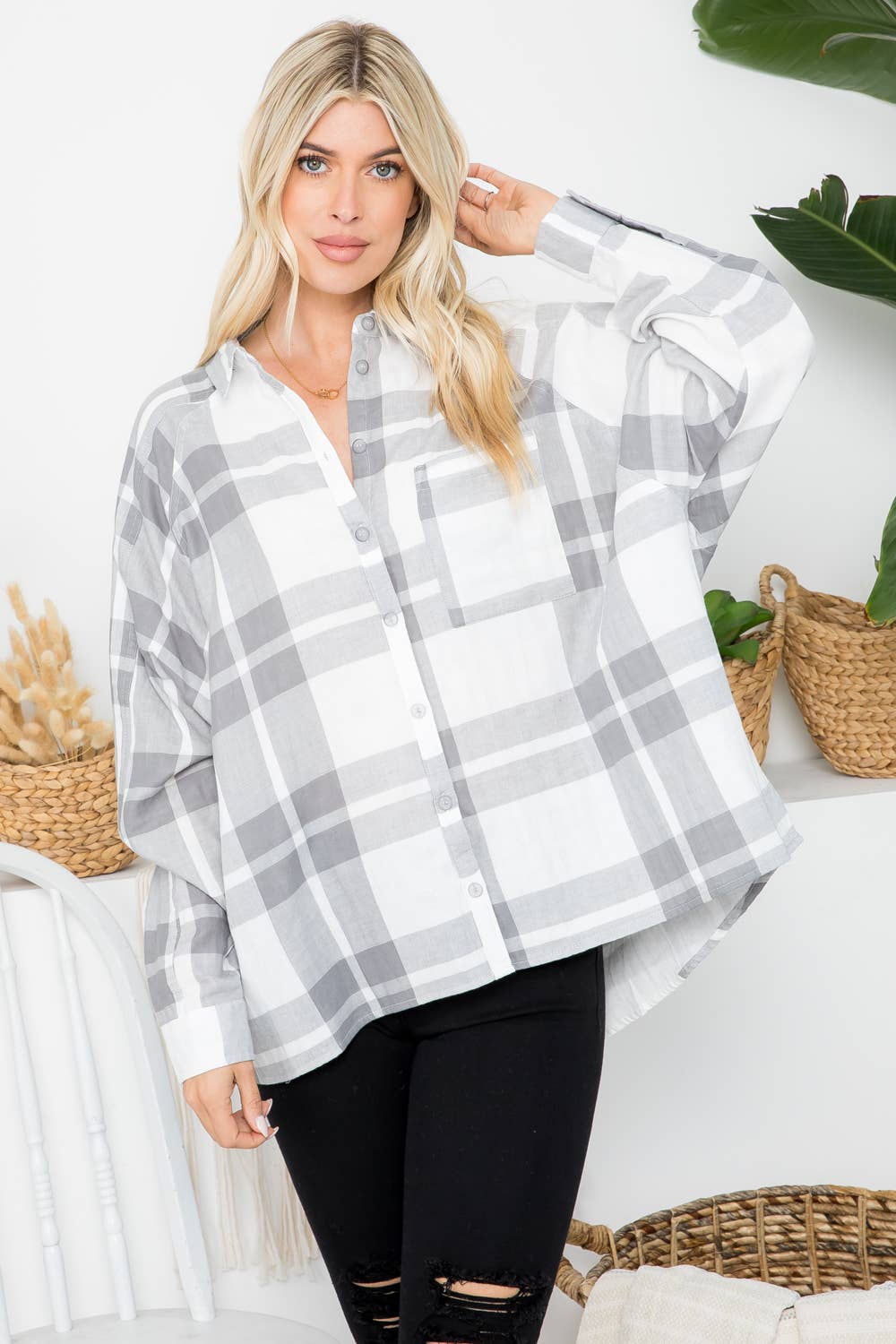 Oversized cotton plaid shirt with raglan sleeves by 26 International, featuring a classic checkered pattern and relaxed fit.