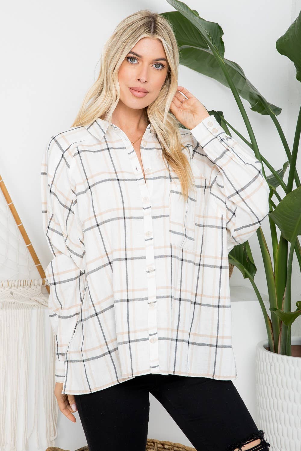 Oversized cotton plaid shirt with raglan sleeves by 26 International, featuring a relaxed fit and classic checkered pattern.