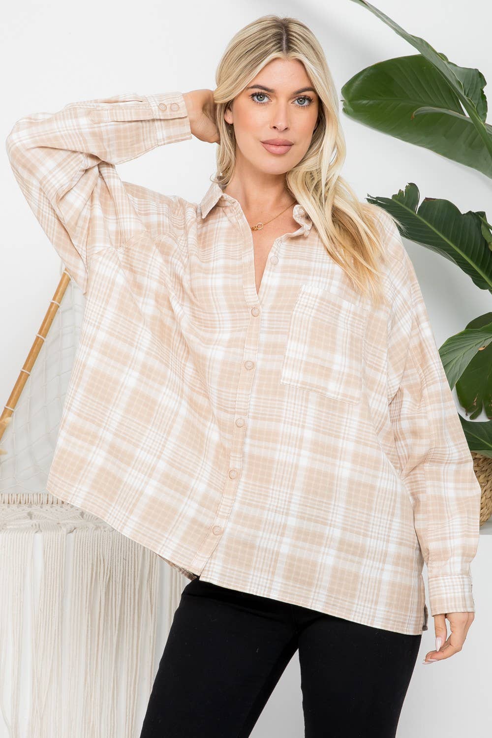 Oversized cotton plaid shirt with raglan sleeves, stylish 26 International casual shirt for a relaxed look.