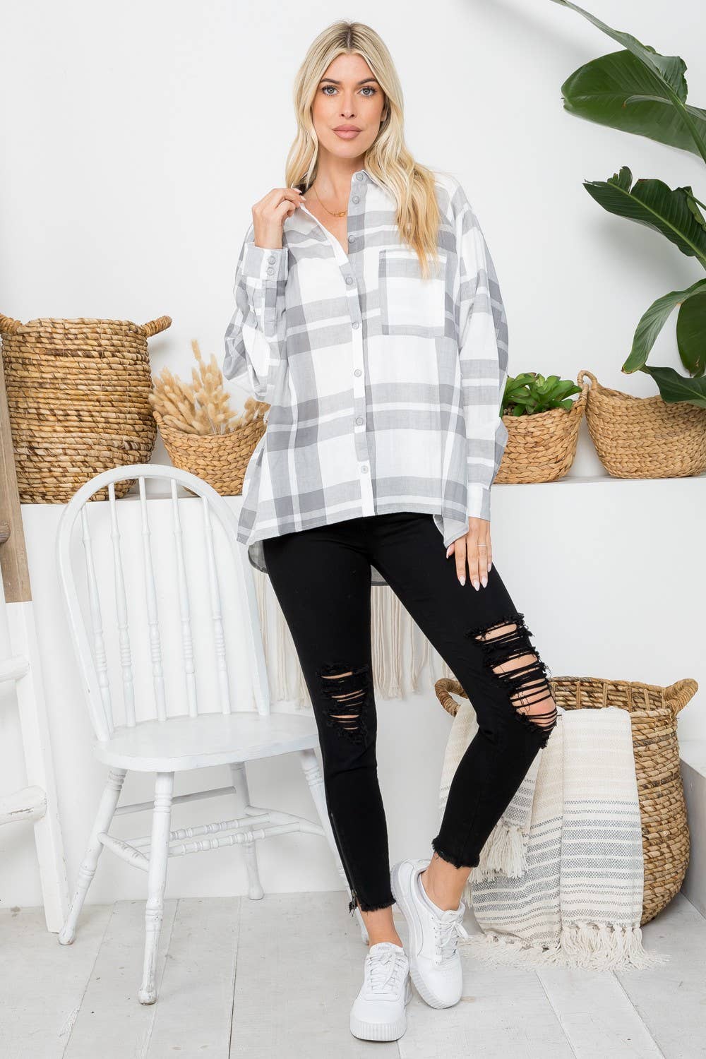 Oversized cotton plaid shirt with raglan sleeves by 26 International, featuring a relaxed fit and classic checkered pattern.