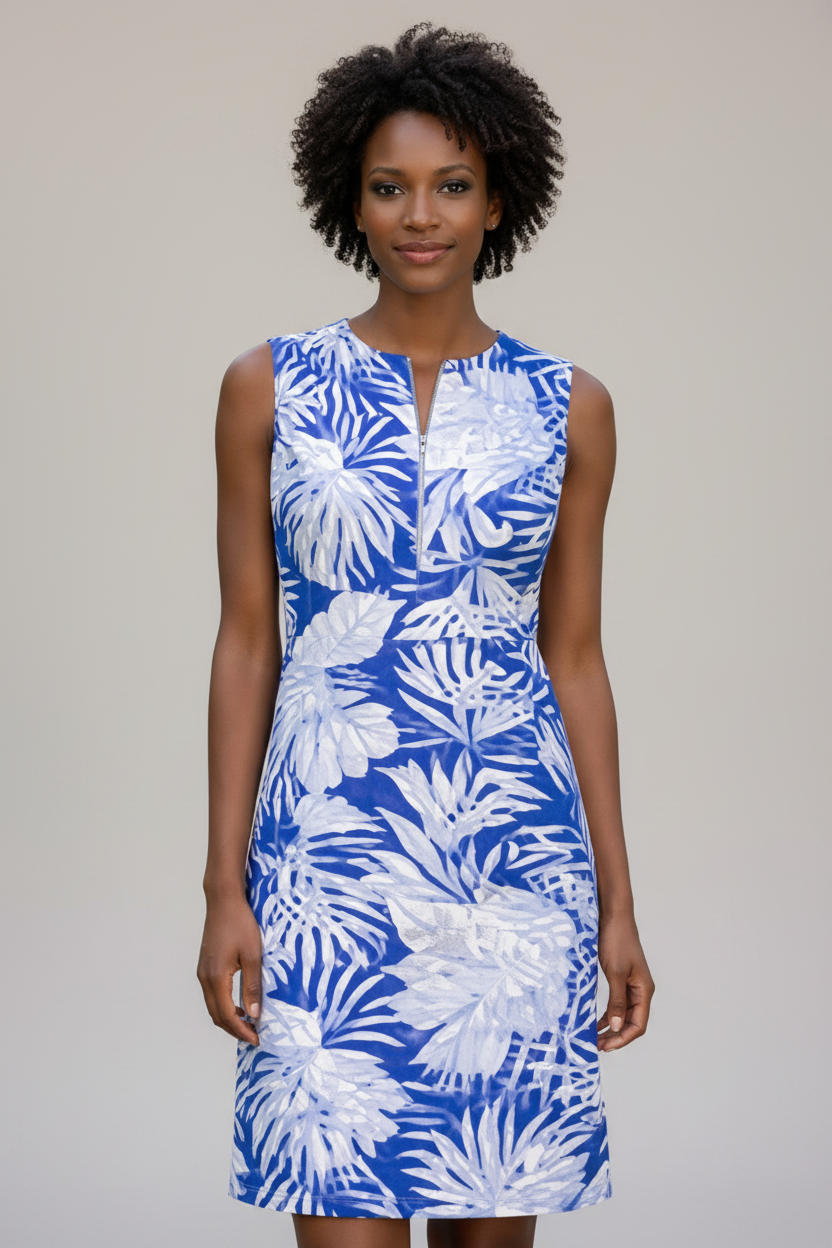 Banana Boat Women UPF 50+ sleeveless zip dress by Basix of America, shown on a hanger with front view and zipper detail.