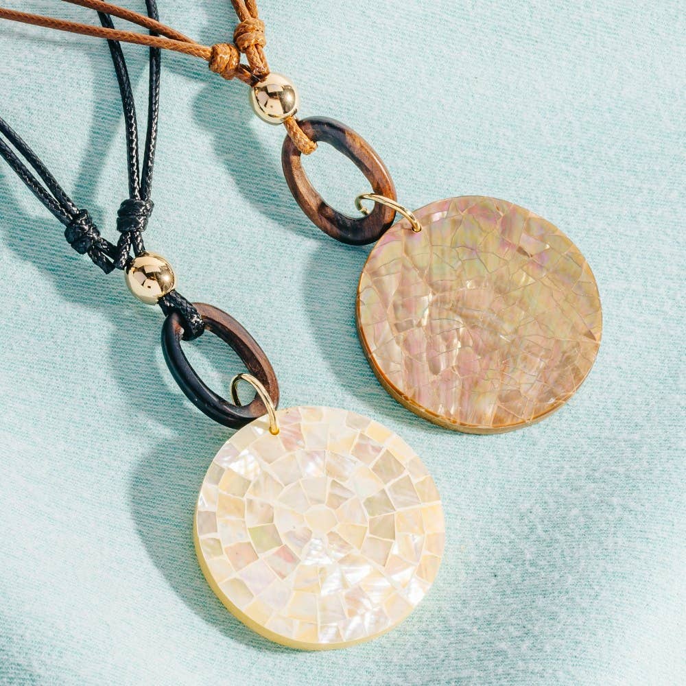 Mosaic Shell Disc And Wooden Hoop Pendant Cord Necklace