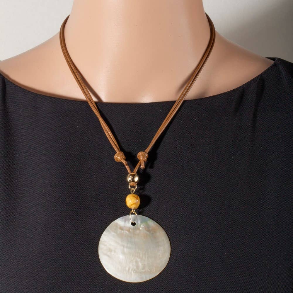 Large Sea Shell Disc Pendant And Beads Layered Cord Necklace